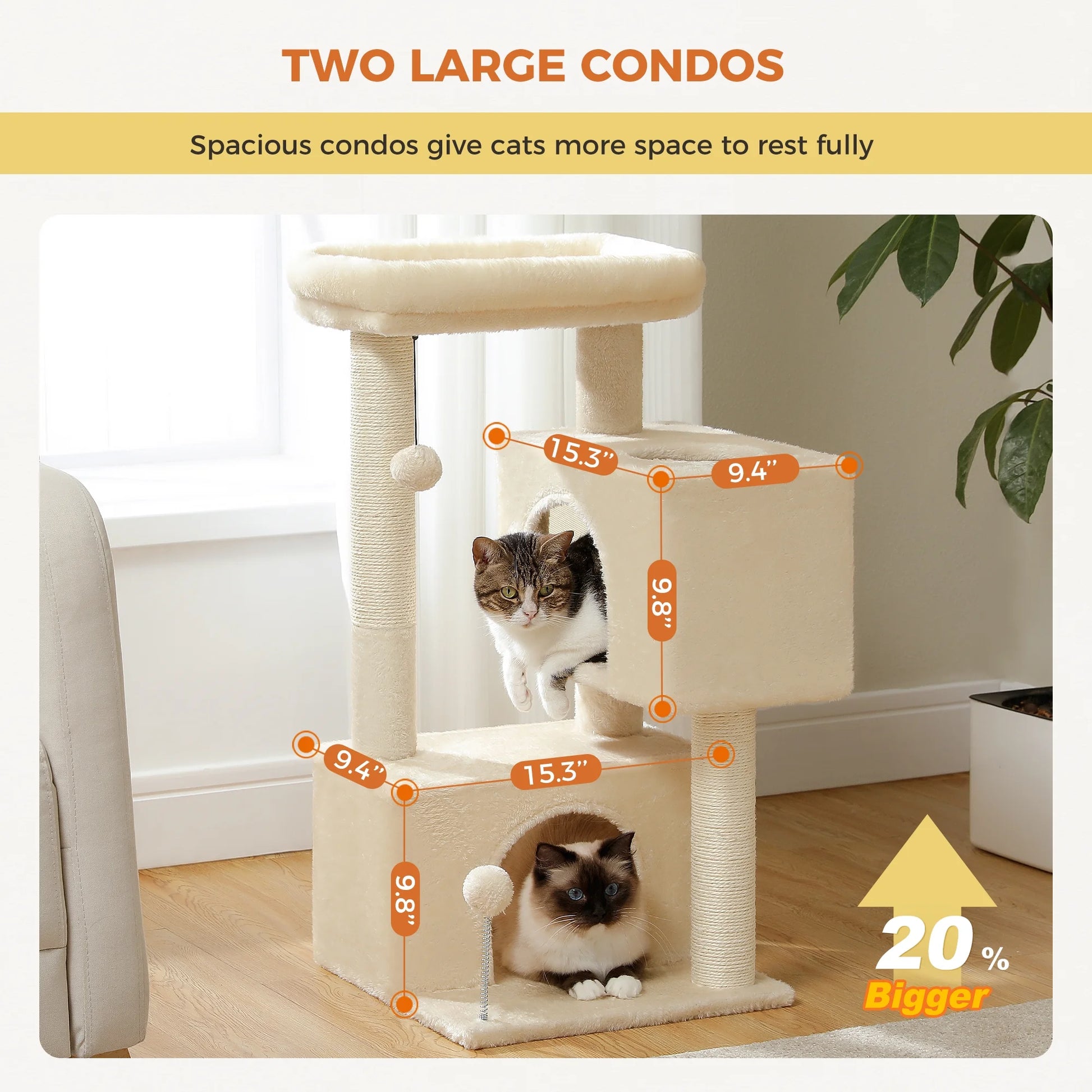 31.5" Modern Cat Tree Tower with Dual Large Condos for Kitten ＆ Medium Size Cat Beige
