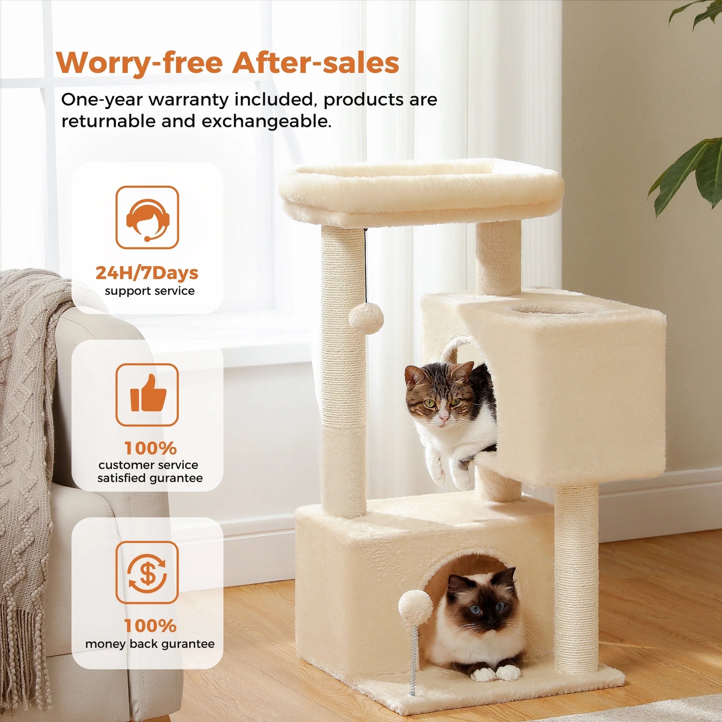 31.5" Modern Cat Tree Tower with Dual Large Condos for Kitten ＆ Medium Size Cat Beige