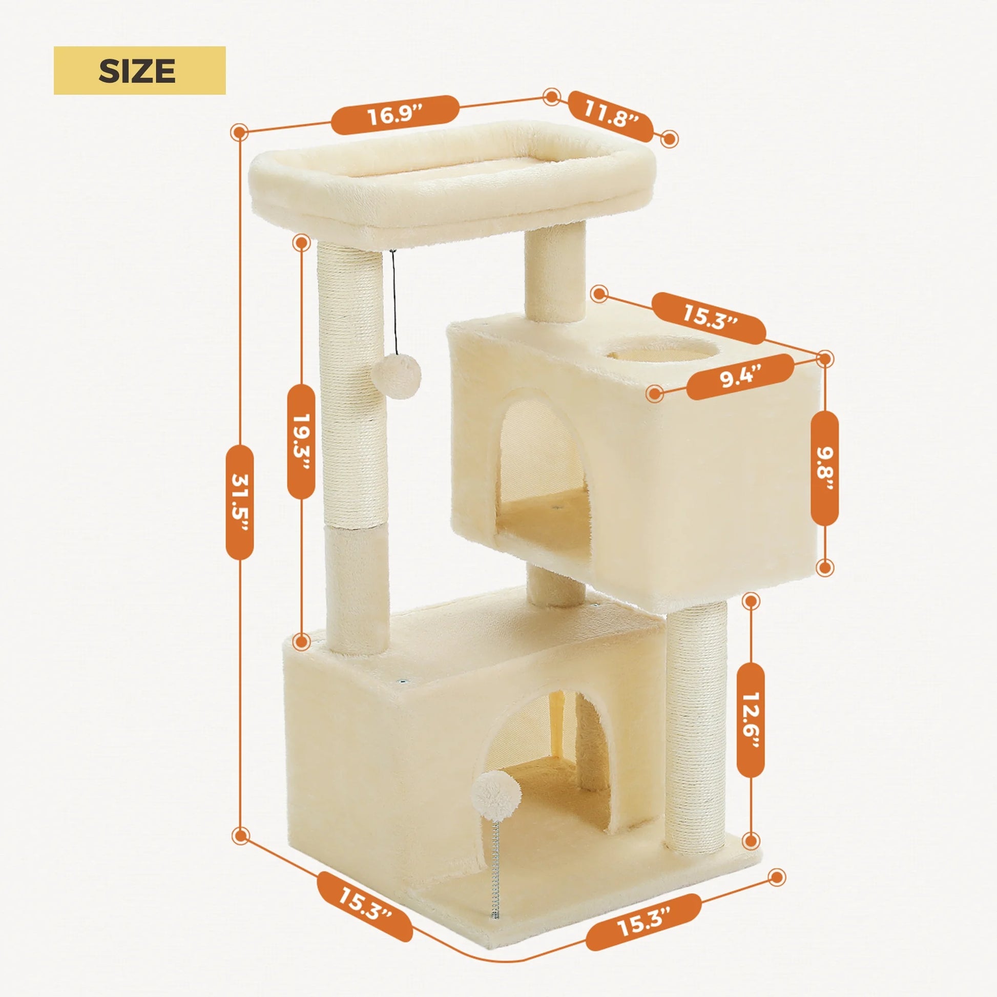 31.5" Modern Cat Tree Tower with Dual Large Condos for Kitten ＆ Medium Size Cat Beige