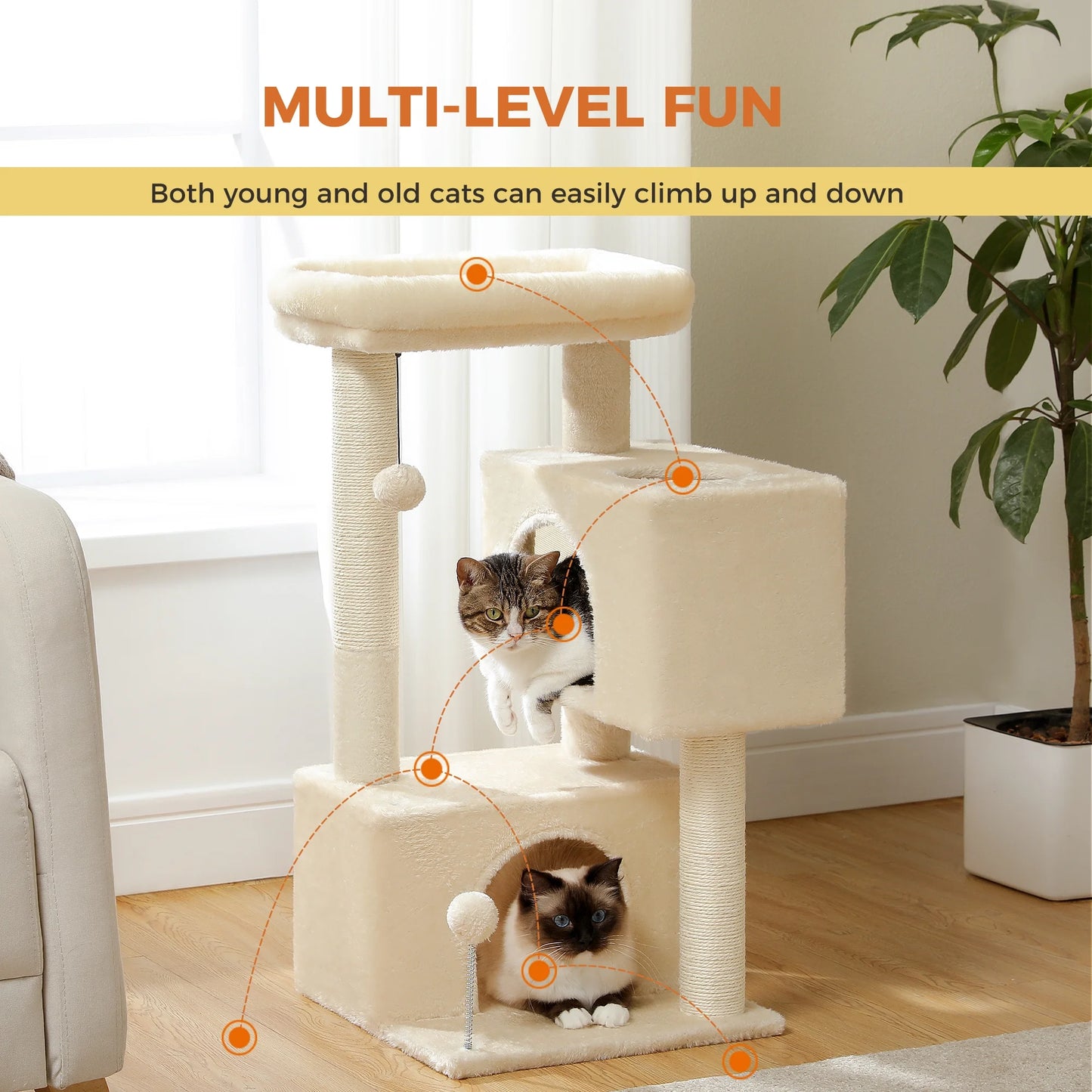 31.5" Modern Cat Tree Tower with Dual Large Condos for Kitten ＆ Medium Size Cat Beige