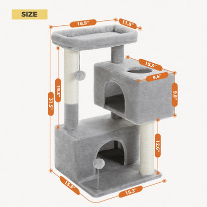 31.5" Modern Cat Tree Tower with Dual Large Condos for Kitten ＆ Medium Size Cat Light Gray