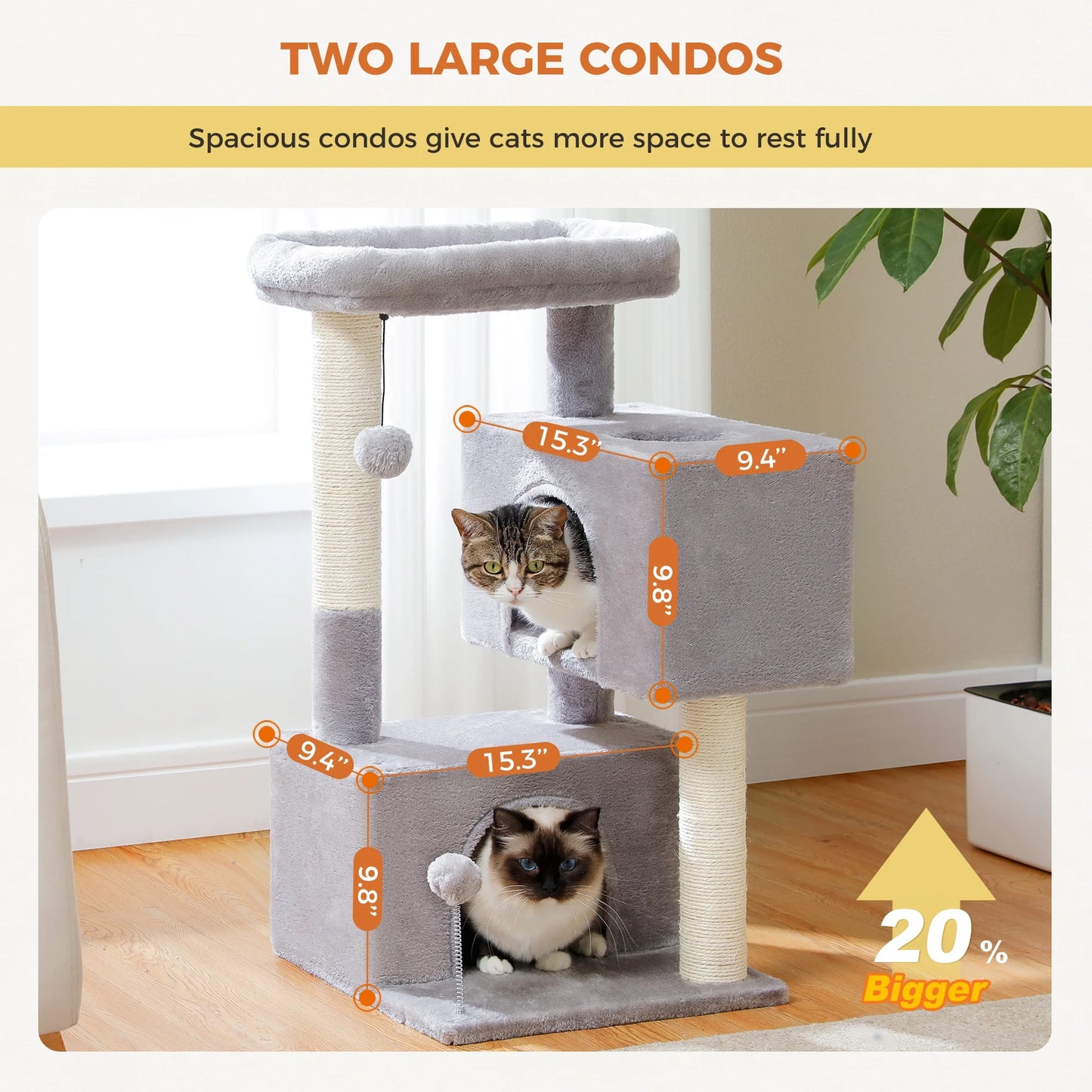31.5" Modern Cat Tree Tower with Dual Large Condos for Kitten ＆ Medium Size Cat Light Gray