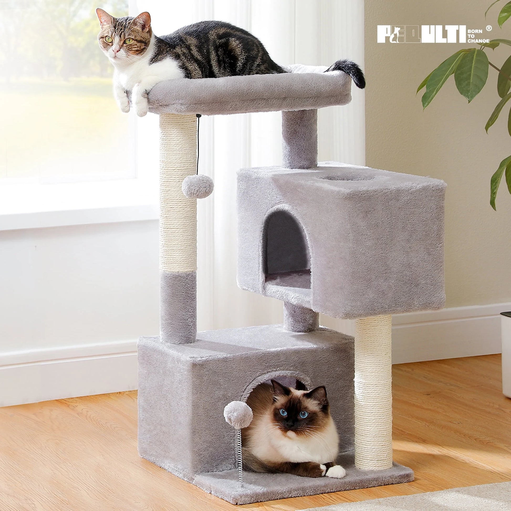 31.5" Modern Cat Tree Tower with Dual Large Condos for Kitten ＆ Medium Size Cat Light Gray