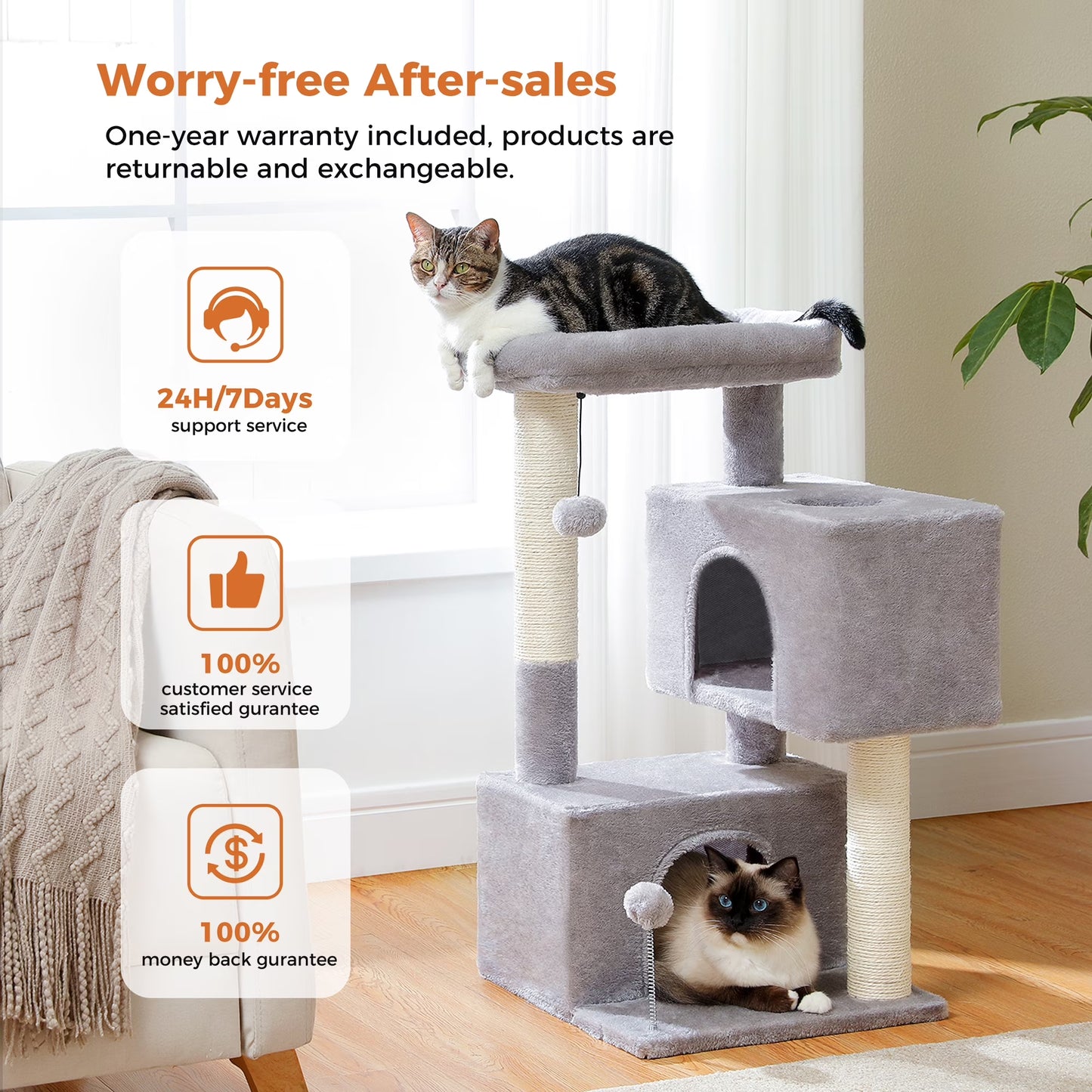 31.5" Modern Cat Tree Tower with Dual Large Condos for Kitten ＆ Medium Size Cat Light Gray