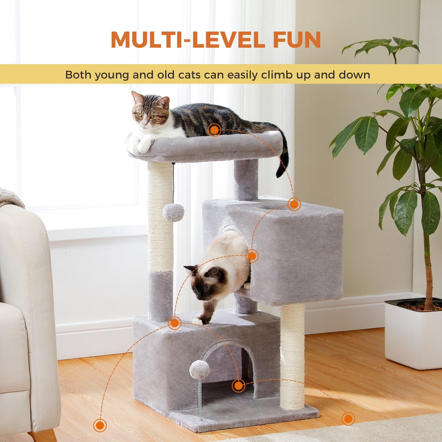 31.5" Modern Cat Tree Tower with Dual Large Condos for Kitten ＆ Medium Size Cat Light Gray